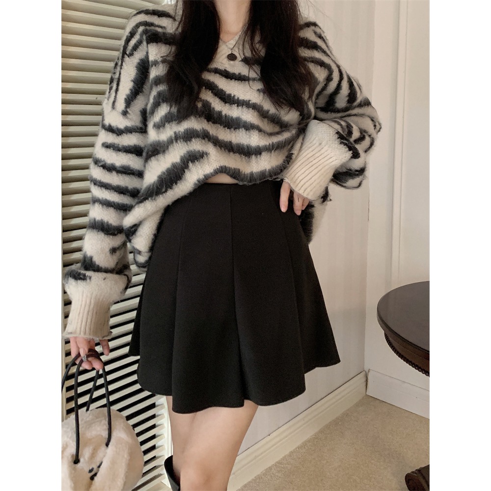 冬。氣質甜美小姊姊 保暖顯瘦打褶遮跨高腰A字毛呢裙短裙（自帶安全褲）-Euphoria Store-細節圖6