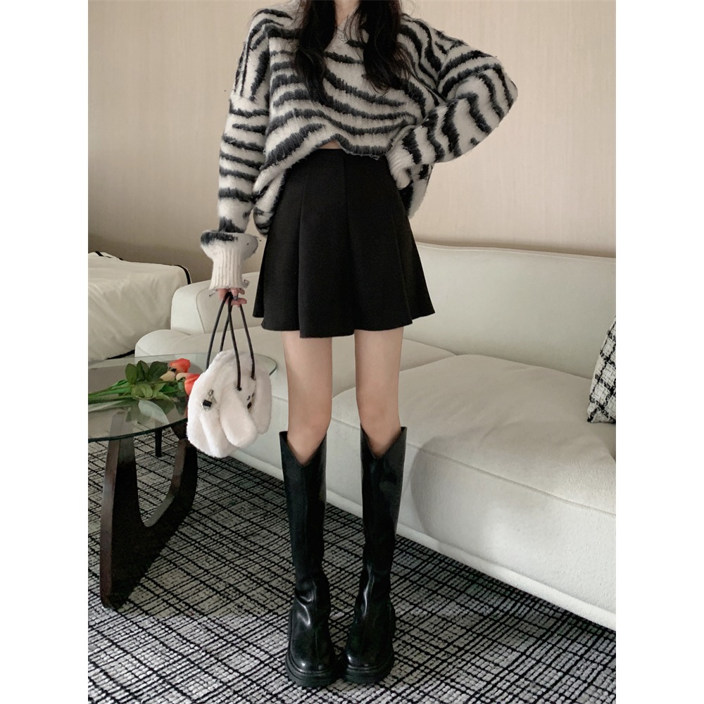 冬。氣質甜美小姊姊 保暖顯瘦打褶遮跨高腰A字毛呢裙短裙（自帶安全褲）-Euphoria Store-細節圖7