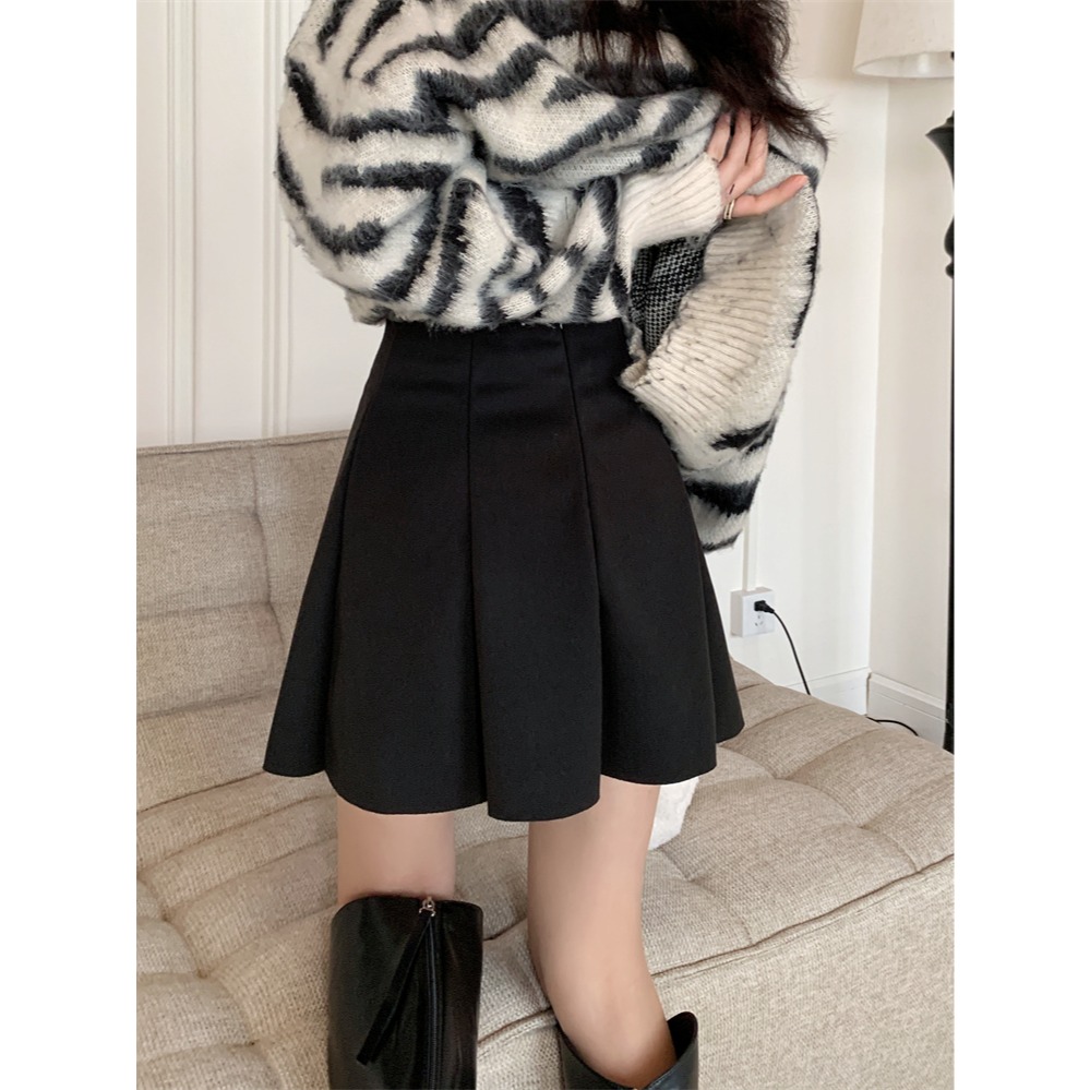 冬。氣質甜美小姊姊 保暖顯瘦打褶遮跨高腰A字毛呢裙短裙（自帶安全褲）-Euphoria Store-細節圖9