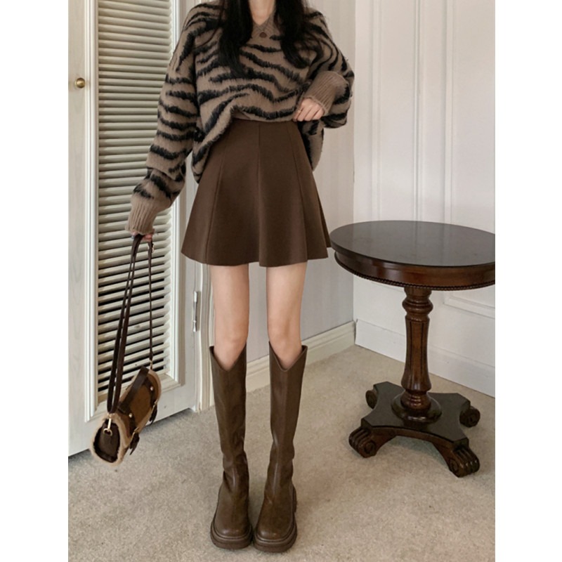 冬。氣質甜美小姊姊 保暖顯瘦打褶遮跨高腰A字毛呢裙短裙（自帶安全褲）-Euphoria Store-規格圖10