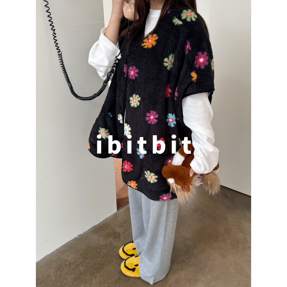 冬。韓國ibitbit 寬鬆休閒可外穿 軟綿綿花朵珊瑚絨坎肩保暖馬甲背心-Euphoria Store-細節圖2