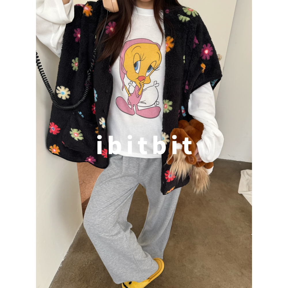 冬。韓國ibitbit 寬鬆休閒可外穿 軟綿綿花朵珊瑚絨坎肩保暖馬甲背心-Euphoria Store-細節圖3
