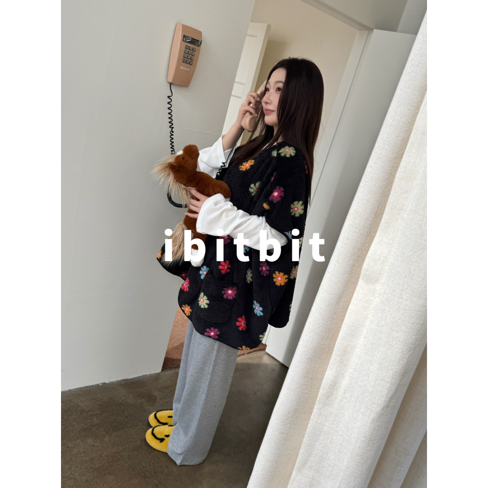 冬。韓國ibitbit 寬鬆休閒可外穿 軟綿綿花朵珊瑚絨坎肩保暖馬甲背心-Euphoria Store-細節圖5
