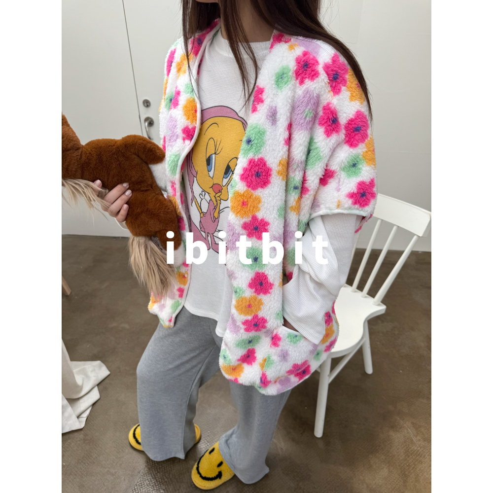 冬。韓國ibitbit 寬鬆休閒可外穿 軟綿綿花朵珊瑚絨坎肩保暖馬甲背心-Euphoria Store-細節圖7