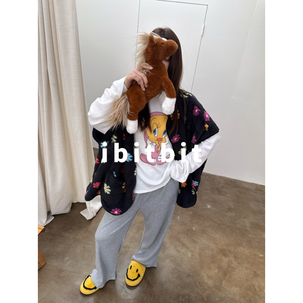 冬。韓國ibitbit 寬鬆休閒可外穿 軟綿綿花朵珊瑚絨坎肩保暖馬甲背心-Euphoria Store-細節圖9