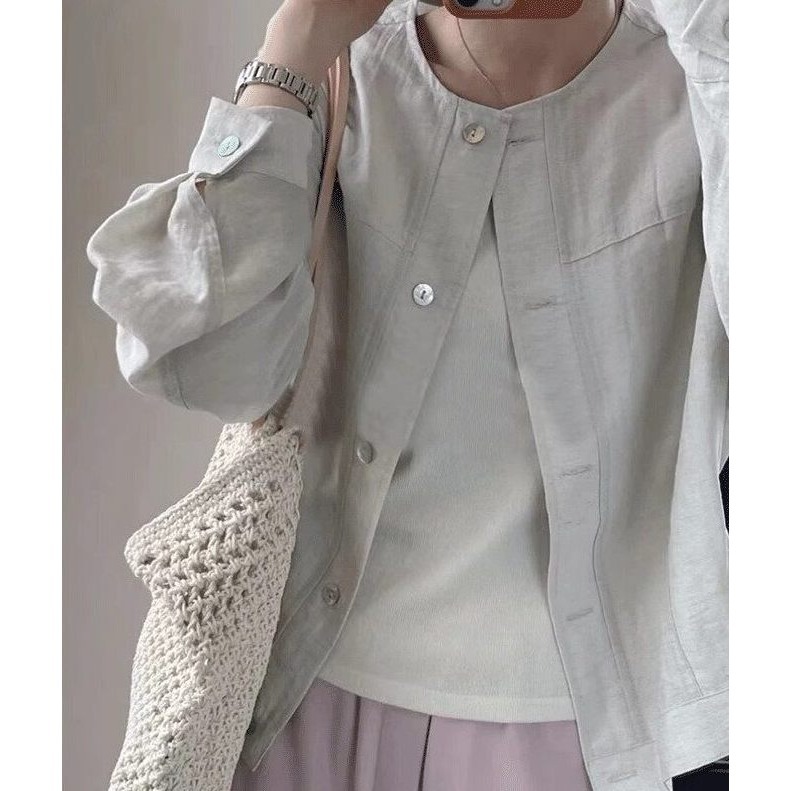 店主私著。韓版簡約時尚 寬鬆修身顯瘦 薄款單排扣棉質防曬長袖外套-Euphoria Store-細節圖4