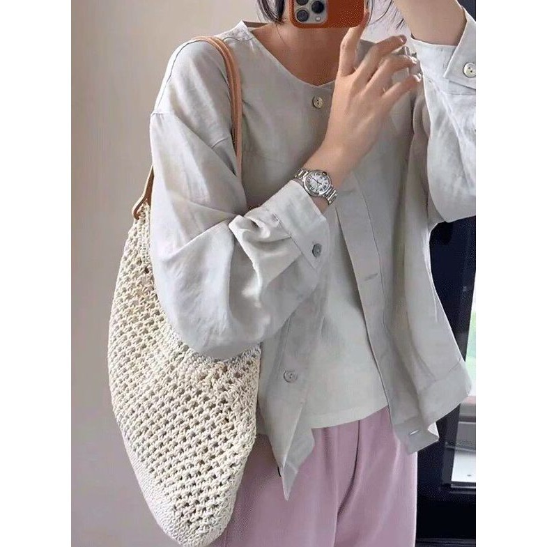 店主私著。韓版簡約時尚 寬鬆修身顯瘦 薄款單排扣棉質防曬長袖外套-Euphoria Store-細節圖5