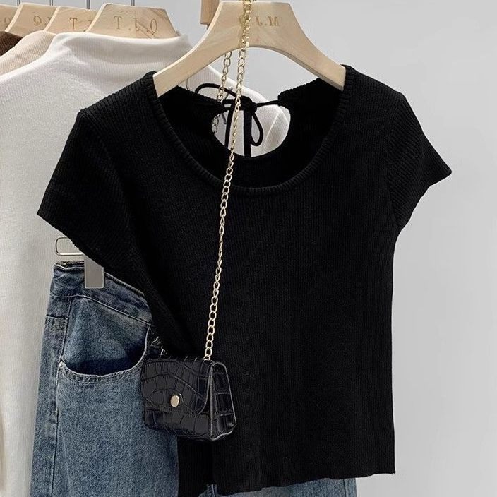 春，簡約純欲風 修身顯瘦 短款圓領細針織正肩短袖T恤上衣-Euphoria Store-細節圖3