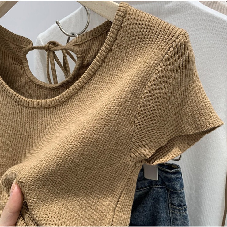 春，簡約純欲風 修身顯瘦 短款圓領細針織正肩短袖T恤上衣-Euphoria Store-細節圖6