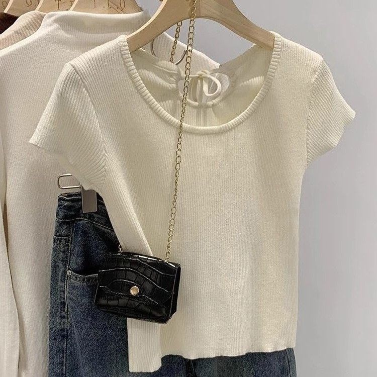 春，簡約純欲風 修身顯瘦 短款圓領細針織正肩短袖T恤上衣-Euphoria Store-規格圖10