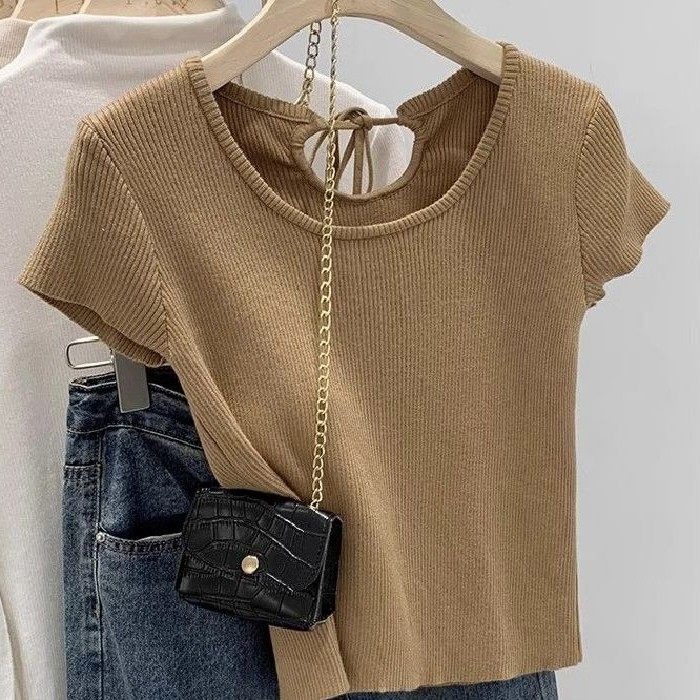 春，簡約純欲風 修身顯瘦 短款圓領細針織正肩短袖T恤上衣-Euphoria Store-規格圖10