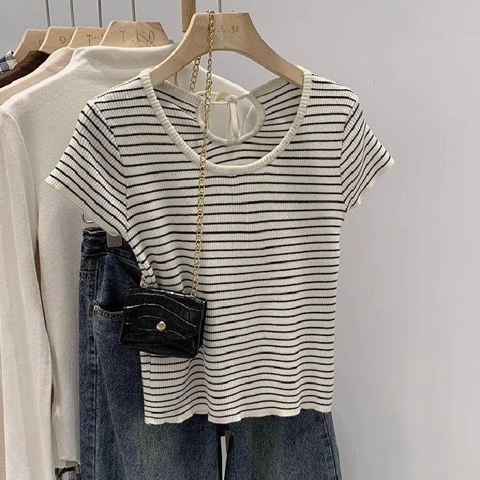 春，簡約純欲風 修身顯瘦 短款圓領細針織正肩短袖T恤上衣-Euphoria Store-規格圖10