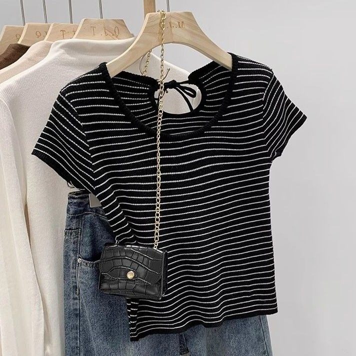 春，簡約純欲風 修身顯瘦 短款圓領細針織正肩短袖T恤上衣-Euphoria Store-規格圖10