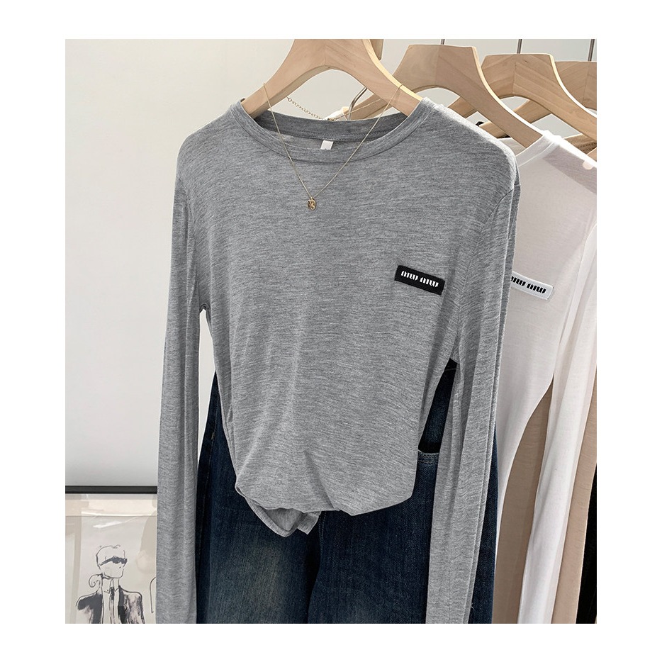 春。小眾設計 貼身顯身材 薄款微透中長款圓領長袖T恤上衣-Euphoria Store-細節圖2