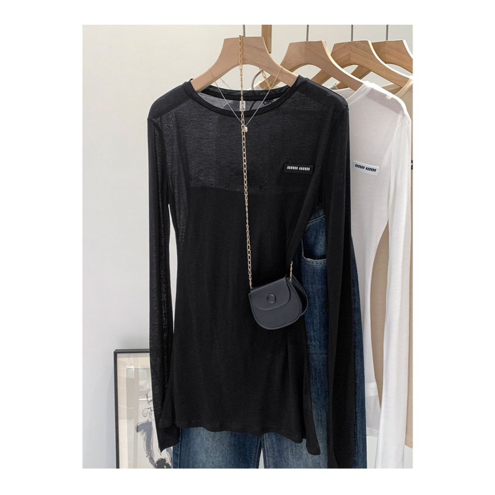 春。小眾設計 貼身顯身材 薄款微透中長款圓領長袖T恤上衣-Euphoria Store-細節圖3