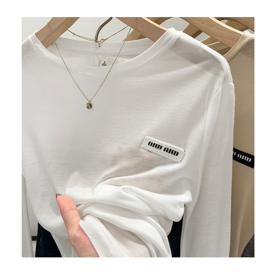 春。小眾設計 貼身顯身材 薄款微透中長款圓領長袖T恤上衣-Euphoria Store-細節圖5