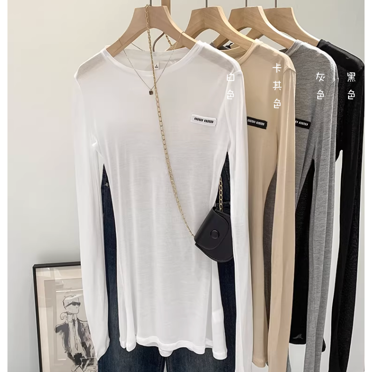 春。小眾設計 貼身顯身材 薄款微透中長款圓領長袖T恤上衣-Euphoria Store-細節圖9