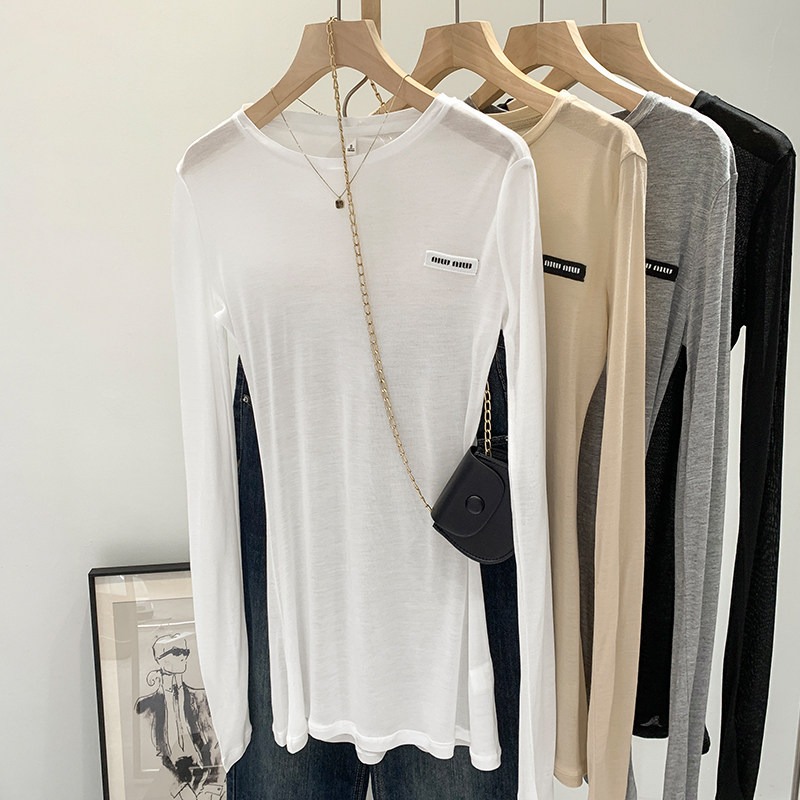 春。小眾設計 貼身顯身材 薄款微透中長款圓領長袖T恤上衣-Euphoria Store-規格圖9