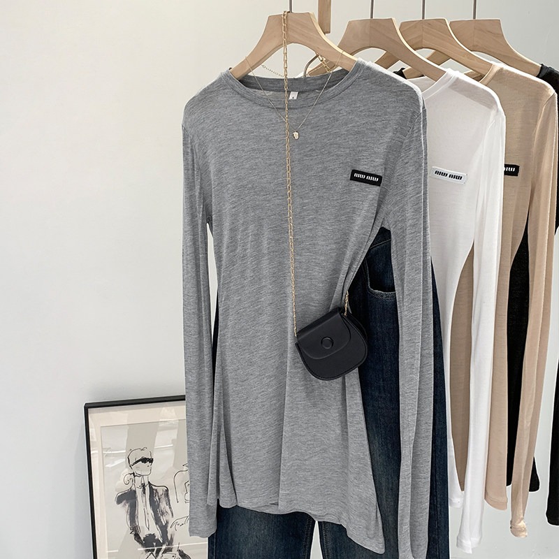 春。小眾設計 貼身顯身材 薄款微透中長款圓領長袖T恤上衣-Euphoria Store-規格圖9