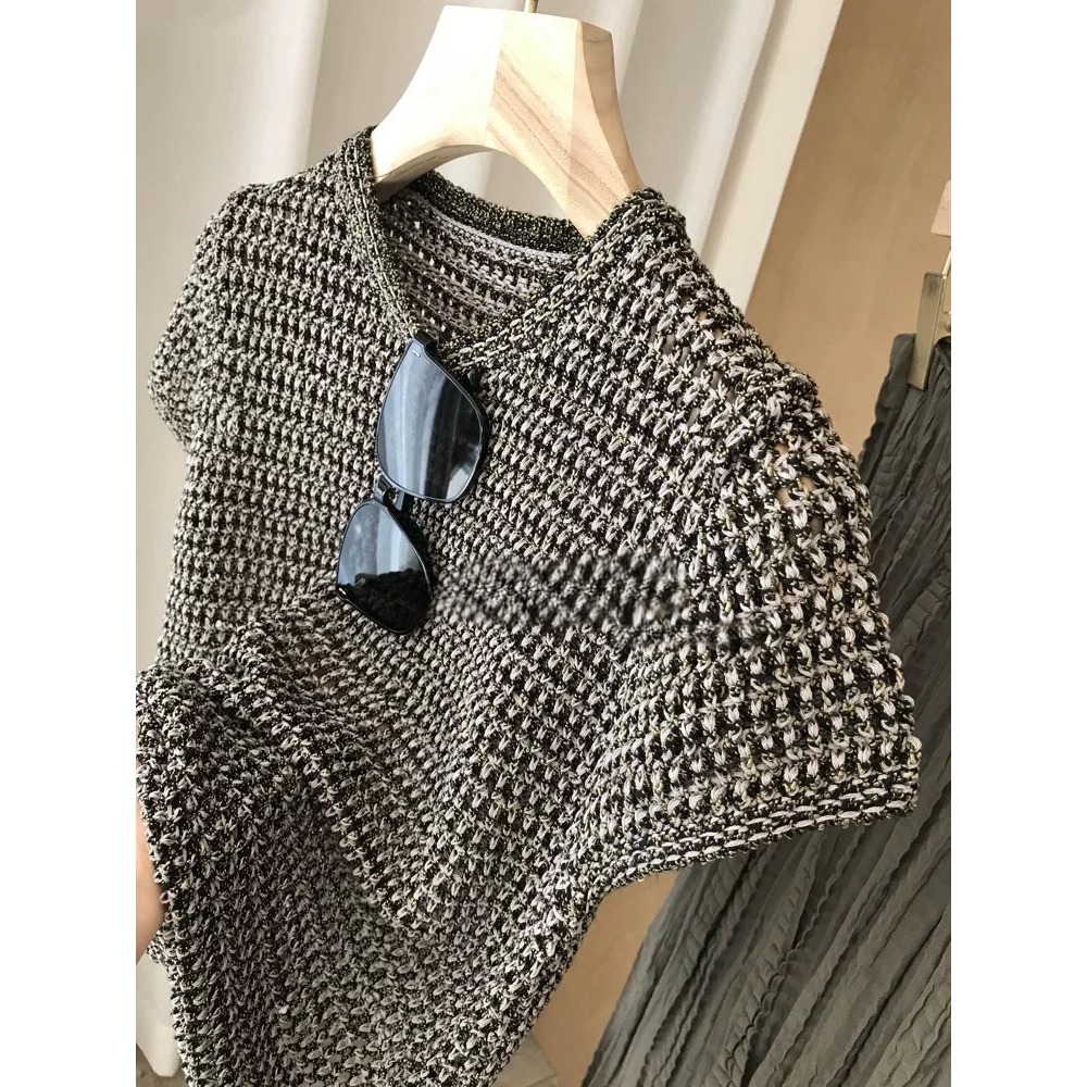 春。小眾輕奢老錢風 重工刺繡線鉤編織鏤空圓領款短T恤上衣-Euphoria Store-細節圖2