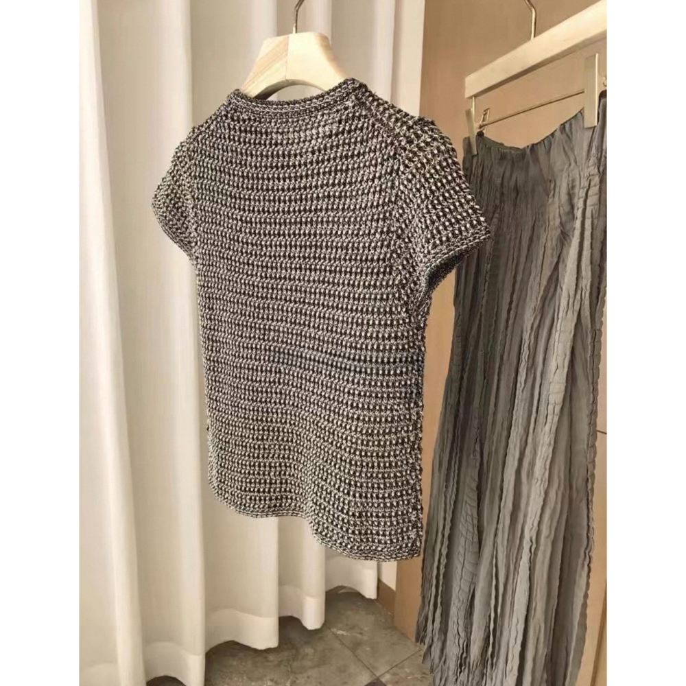 春。小眾輕奢老錢風 重工刺繡線鉤編織鏤空圓領款短T恤上衣-Euphoria Store-細節圖6