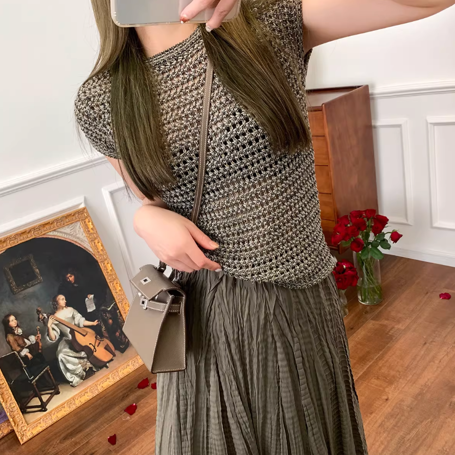 春。小眾輕奢老錢風 重工刺繡線鉤編織鏤空圓領款短T恤上衣-Euphoria Store-細節圖8