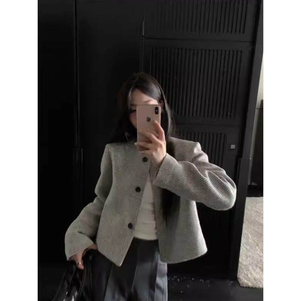 春。自帶一點小高級 簡約氣質小香風 圓領粗花呢短款外套-Euphoria Store-細節圖3