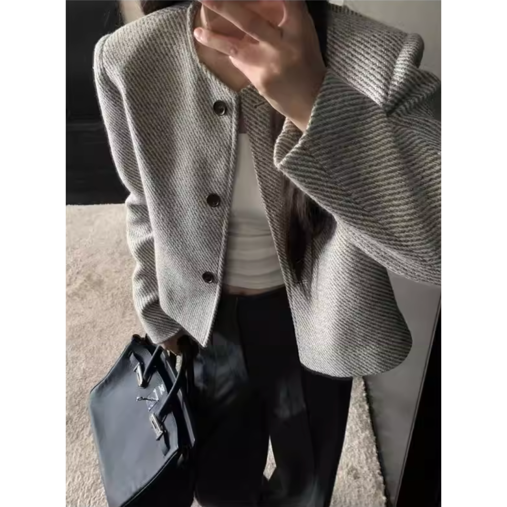 春。自帶一點小高級 簡約氣質小香風 圓領粗花呢短款外套-Euphoria Store-細節圖4