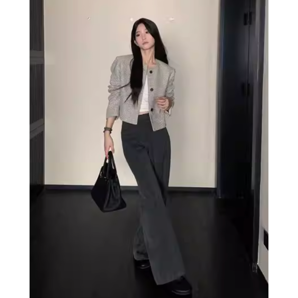 春。自帶一點小高級 簡約氣質小香風 圓領粗花呢短款外套-Euphoria Store-細節圖6