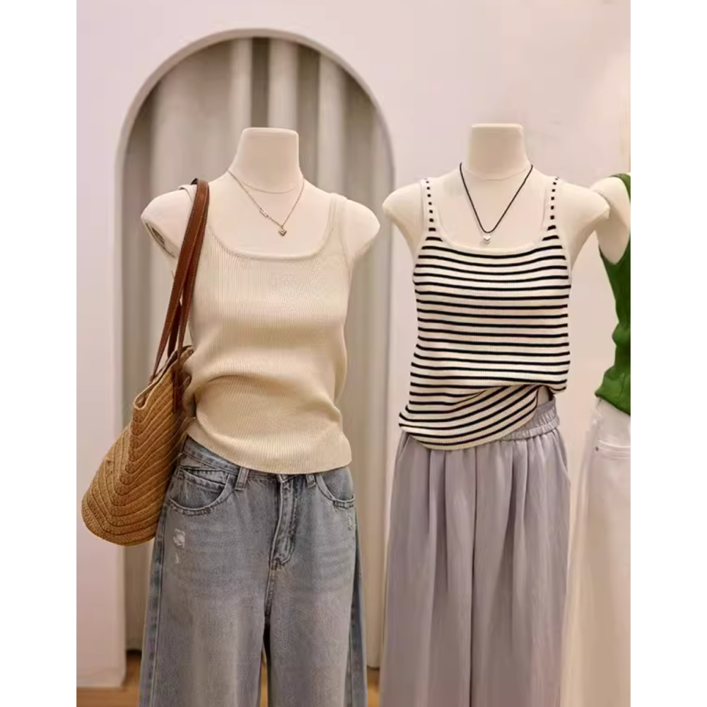 春。時尚簡約百搭款 搭配西裝好幫手 修身顯瘦 遮副乳方領細針織吊帶背心(M-2XL)-Euphoria Store-細節圖2