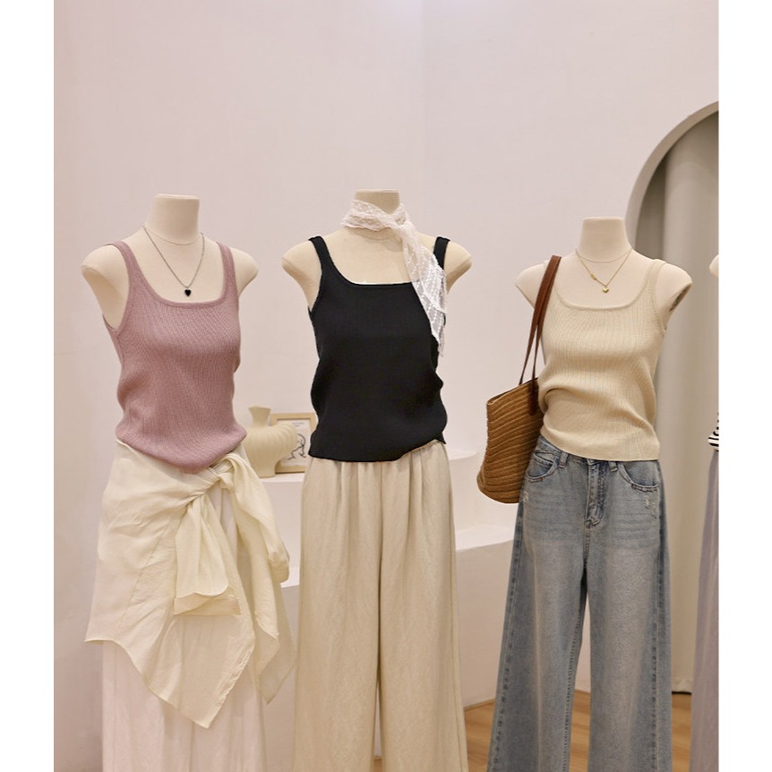 春。時尚簡約百搭款 搭配西裝好幫手 修身顯瘦 遮副乳方領細針織吊帶背心(M-2XL)-Euphoria Store-細節圖3