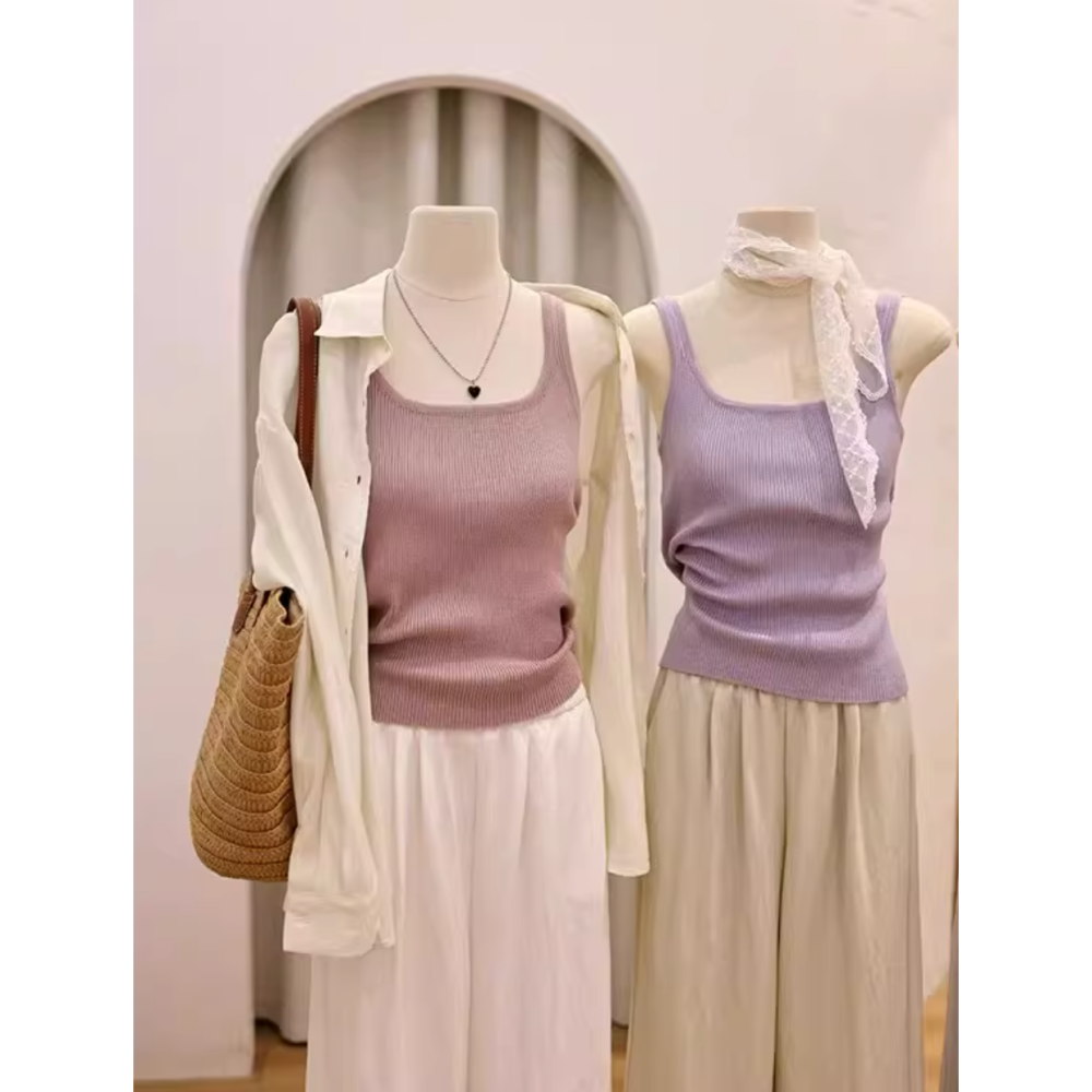 春。時尚簡約百搭款 搭配西裝好幫手 修身顯瘦 遮副乳方領細針織吊帶背心(M-2XL)-Euphoria Store-細節圖4