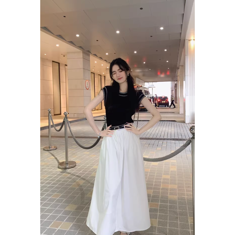 春。氣質甜美小香風 撞色滾邊小包袖細針織上衣+高腰顯瘦藏肉A字長裙半身裙套裝組-Euphoria Store-細節圖2