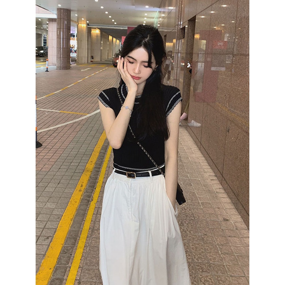 春。氣質甜美小香風 撞色滾邊小包袖細針織上衣+高腰顯瘦藏肉A字長裙半身裙套裝組-Euphoria Store-細節圖3