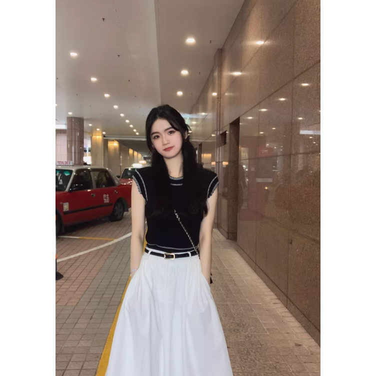 春。氣質甜美小香風 撞色滾邊小包袖細針織上衣+高腰顯瘦藏肉A字長裙半身裙套裝組-Euphoria Store-細節圖4