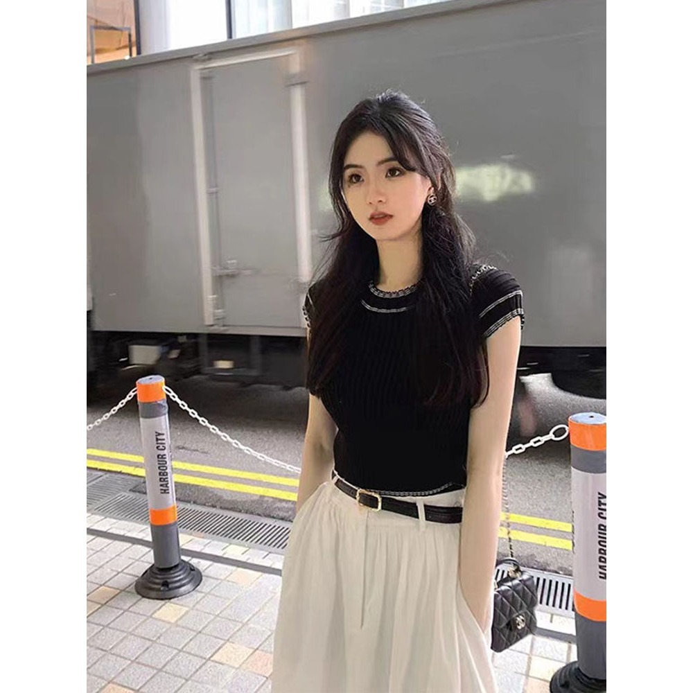 春。氣質甜美小香風 撞色滾邊小包袖細針織上衣+高腰顯瘦藏肉A字長裙半身裙套裝組-Euphoria Store-細節圖5