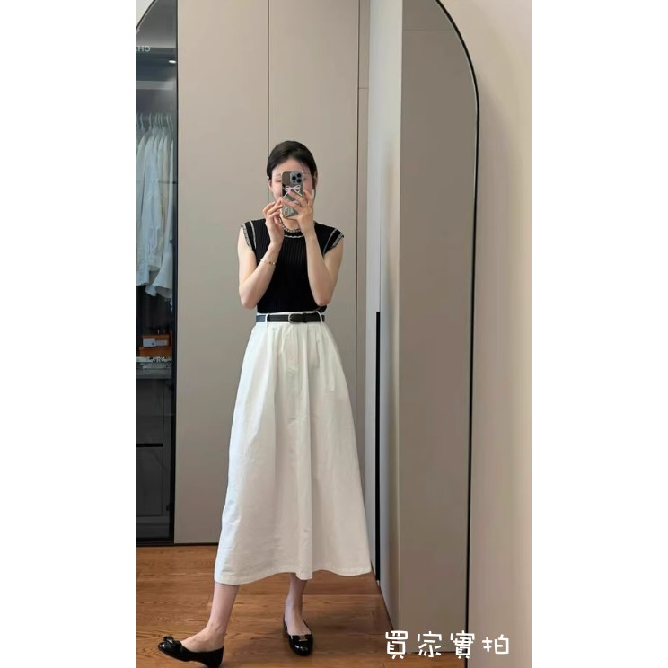 春。氣質甜美小香風 撞色滾邊小包袖細針織上衣+高腰顯瘦藏肉A字長裙半身裙套裝組-Euphoria Store-細節圖9