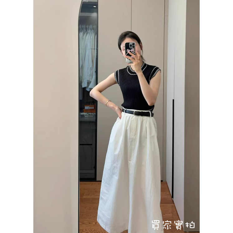 春。氣質甜美小香風 撞色滾邊小包袖細針織上衣+高腰顯瘦藏肉A字長裙半身裙套裝組-Euphoria Store-細節圖10