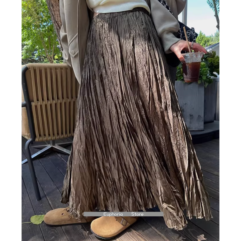 春。梨型身材必備 氣質復古三色 自帶肌理感皺褶高腰A字百褶長裙半身裙-Euphoria Store-細節圖2