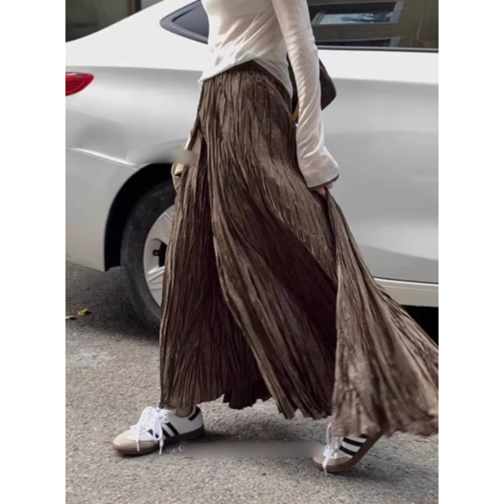 春。梨型身材必備 氣質復古三色 自帶肌理感皺褶高腰A字百褶長裙半身裙-Euphoria Store-細節圖3