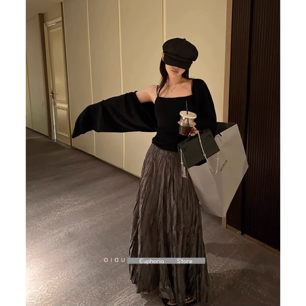 春。梨型身材必備 氣質復古三色 自帶肌理感皺褶高腰A字百褶長裙半身裙-Euphoria Store-細節圖5