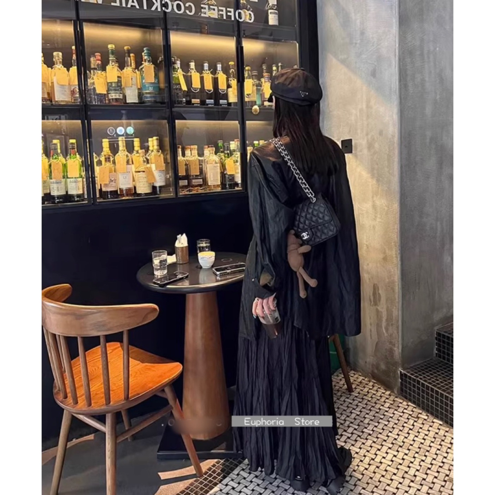 春。梨型身材必備 氣質復古三色 自帶肌理感皺褶高腰A字百褶長裙半身裙-Euphoria Store-細節圖6