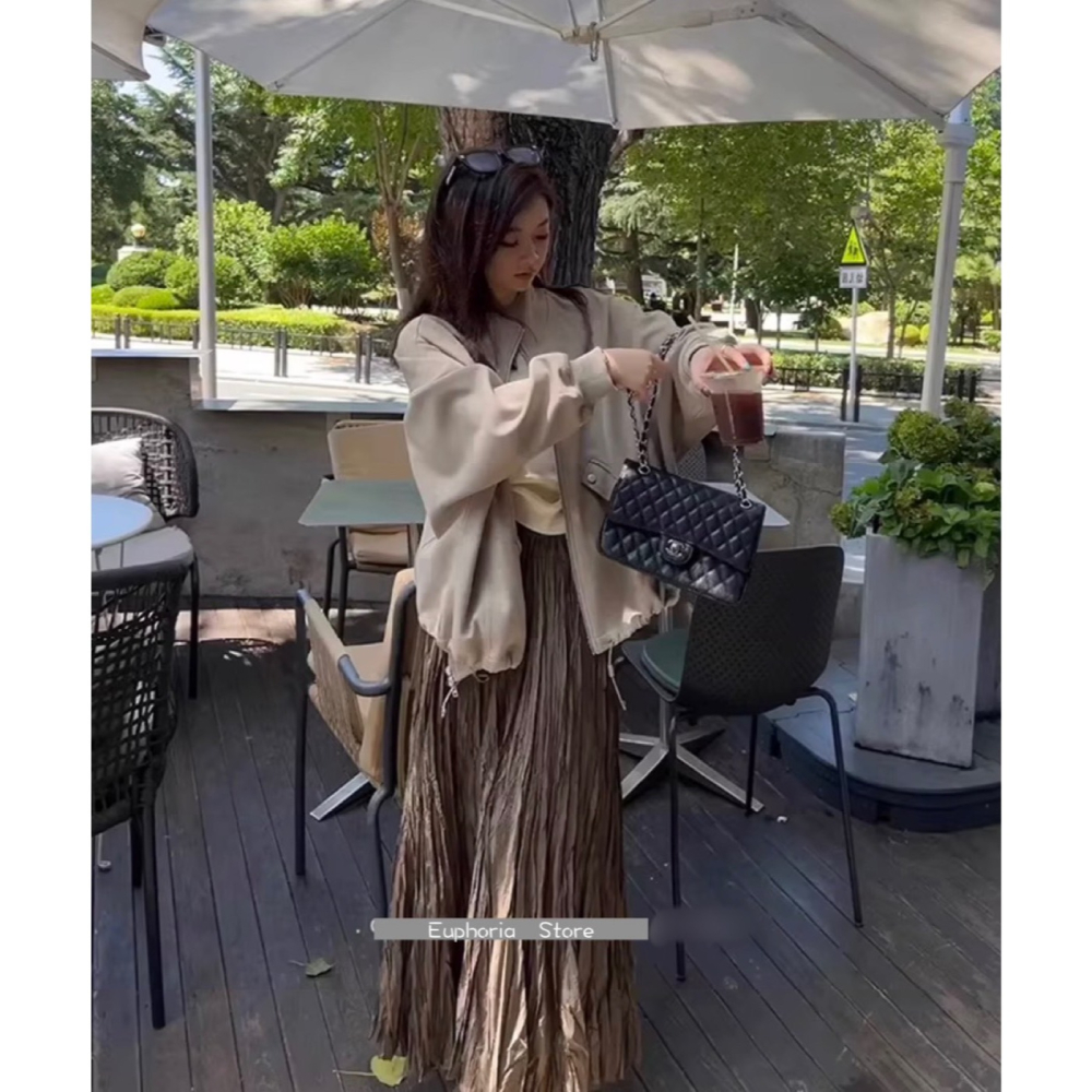 春。梨型身材必備 氣質復古三色 自帶肌理感皺褶高腰A字百褶長裙半身裙-Euphoria Store-細節圖7