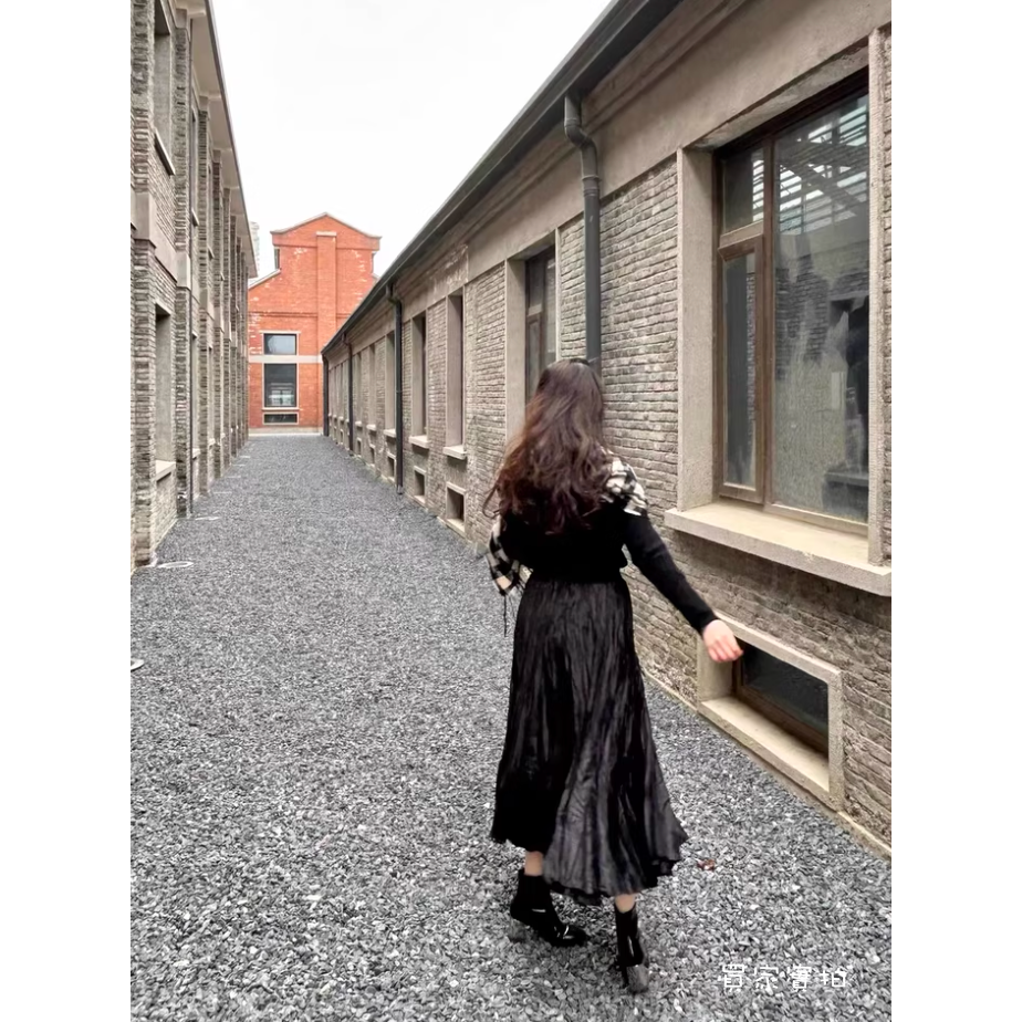 春。梨型身材必備 氣質復古三色 自帶肌理感皺褶高腰A字百褶長裙半身裙-Euphoria Store-細節圖8