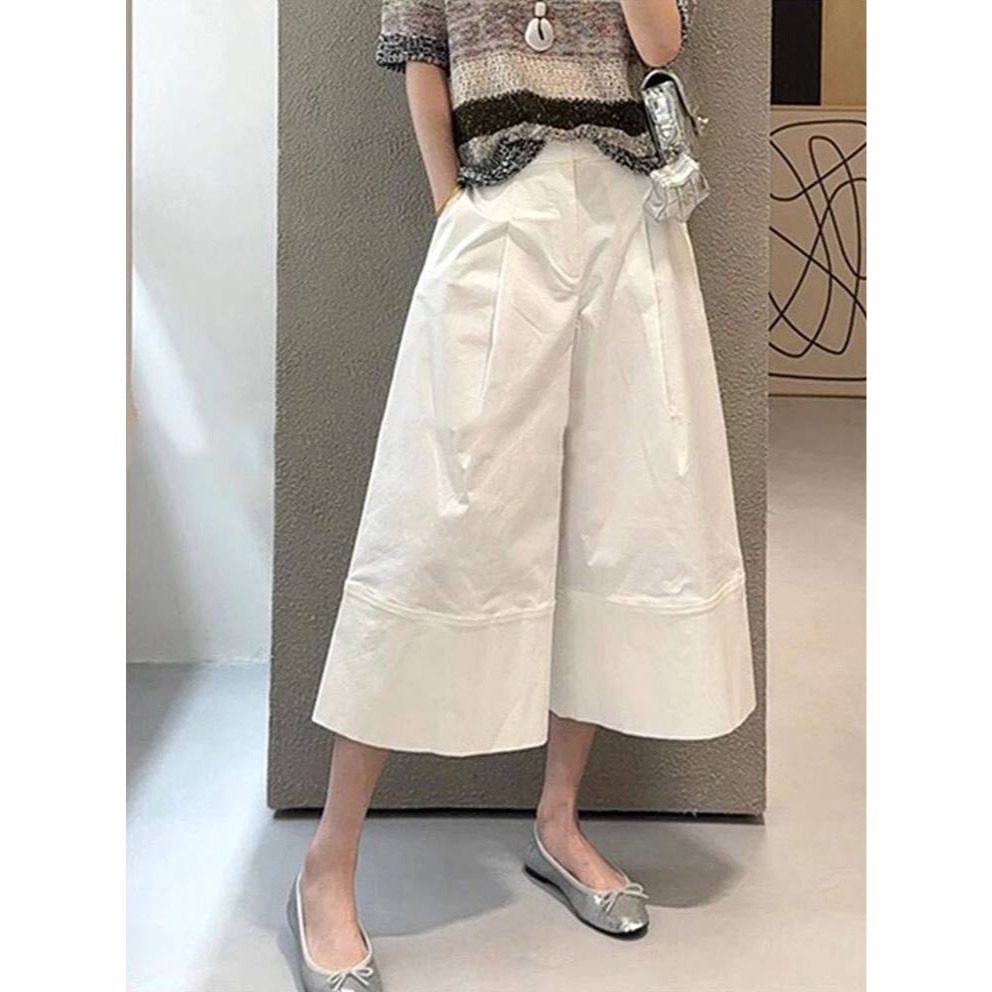 春。梨型身材超友好 慵懶個性 立體剪裁 白色高腰顯瘦A字休閒褲寬口八分褲褲裙-Euphoria Store-細節圖5