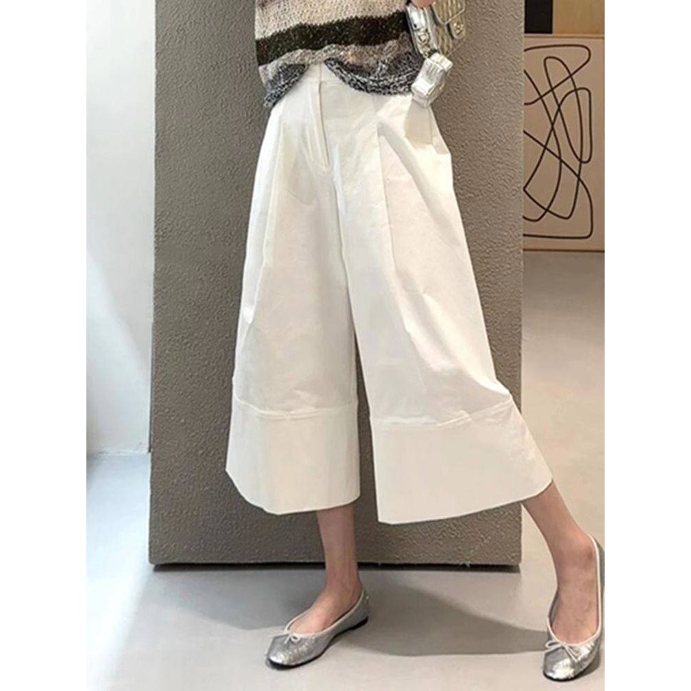 春。梨型身材超友好 慵懶個性 立體剪裁 白色高腰顯瘦A字休閒褲寬口八分褲褲裙-Euphoria Store-細節圖6
