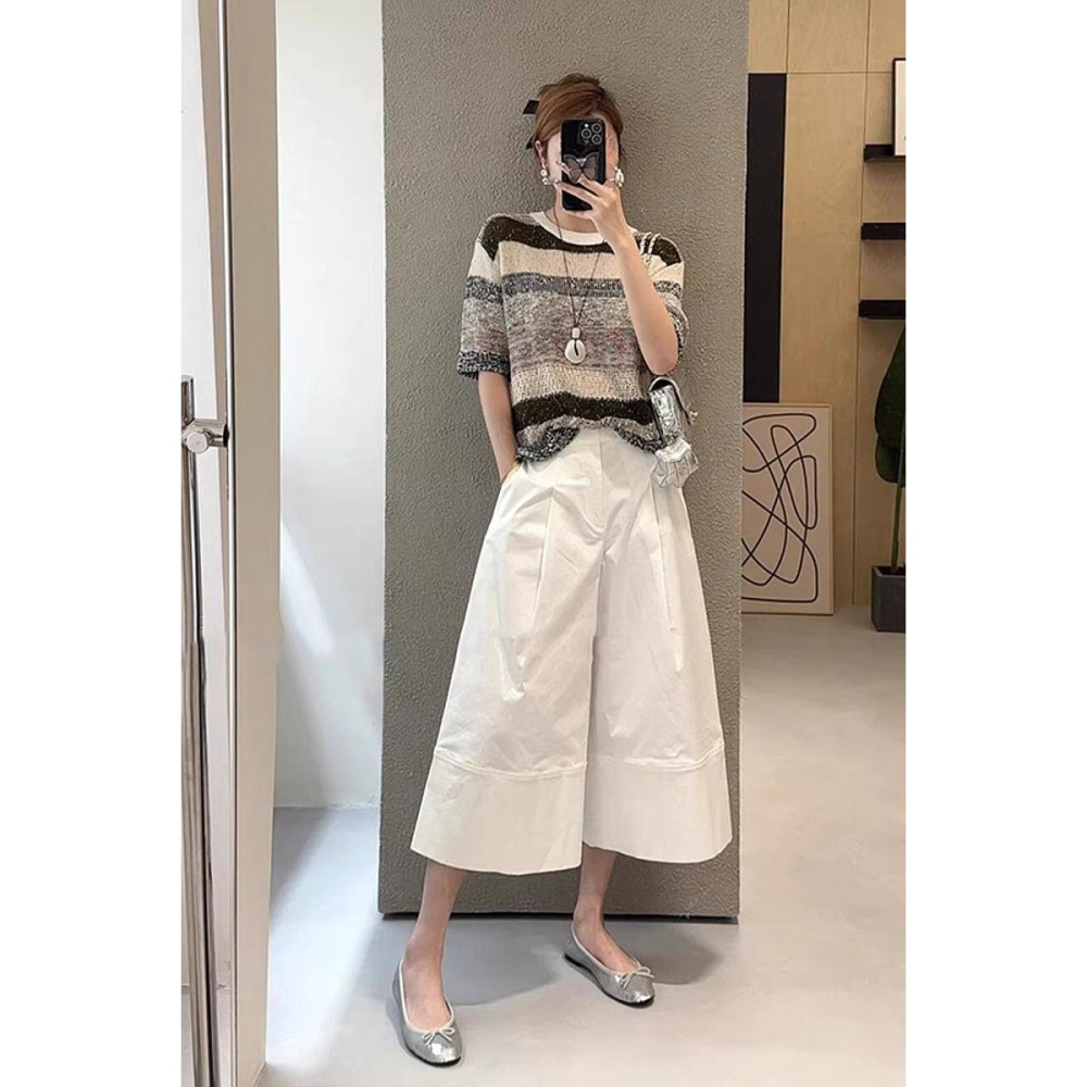 春。梨型身材超友好 慵懶個性 立體剪裁 白色高腰顯瘦A字休閒褲寬口八分褲褲裙-Euphoria Store-細節圖7