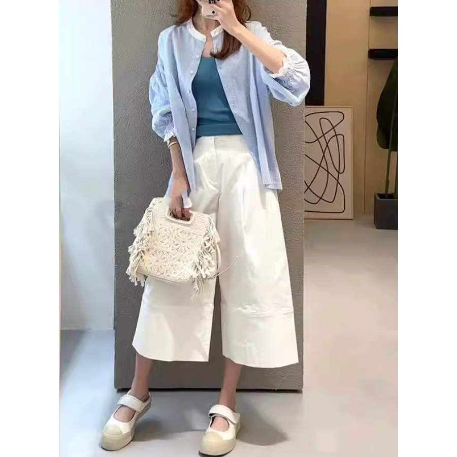 春。梨型身材超友好 慵懶個性 立體剪裁 白色高腰顯瘦A字休閒褲寬口八分褲褲裙-Euphoria Store-細節圖8