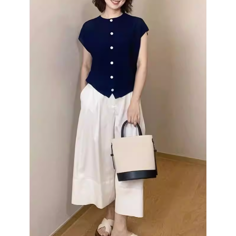 春。梨型身材超友好 慵懶個性 立體剪裁 白色高腰顯瘦A字休閒褲寬口八分褲褲裙-Euphoria Store-細節圖9