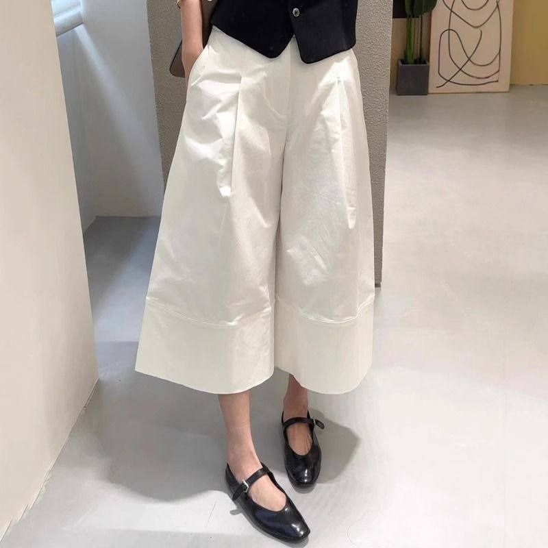 春。梨型身材超友好 慵懶個性 立體剪裁 白色高腰顯瘦A字休閒褲寬口八分褲褲裙-Euphoria Store-規格圖10